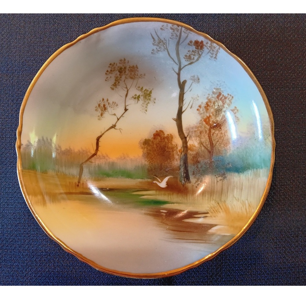 Antique Morimura Noritake Hand Painted Landscape Swan Porcelain Bowl Japan 6.25"